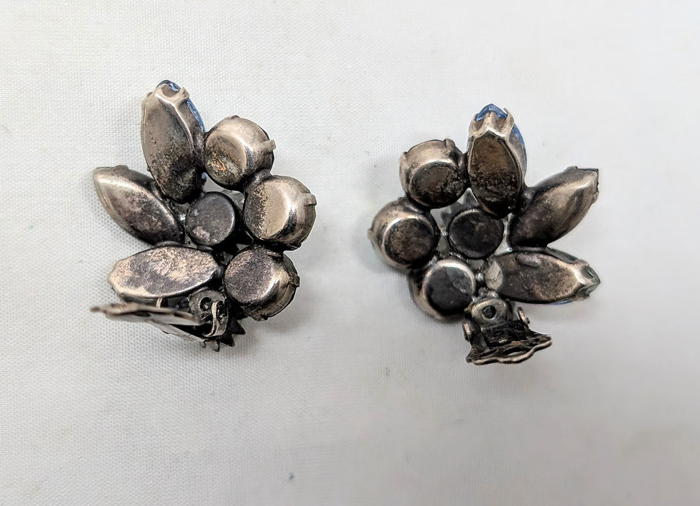 Thumbnail: Vintage Signed Kramer Blue & Green Rhinestone & Grey Faux-Pearl Clip Earrings