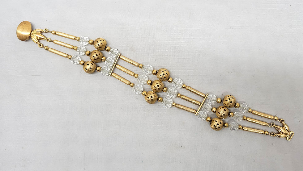 Thumbnail: Vintage 1950s Signed Napier 3-Strand Goldtone & Clear Beaded Bracelet
