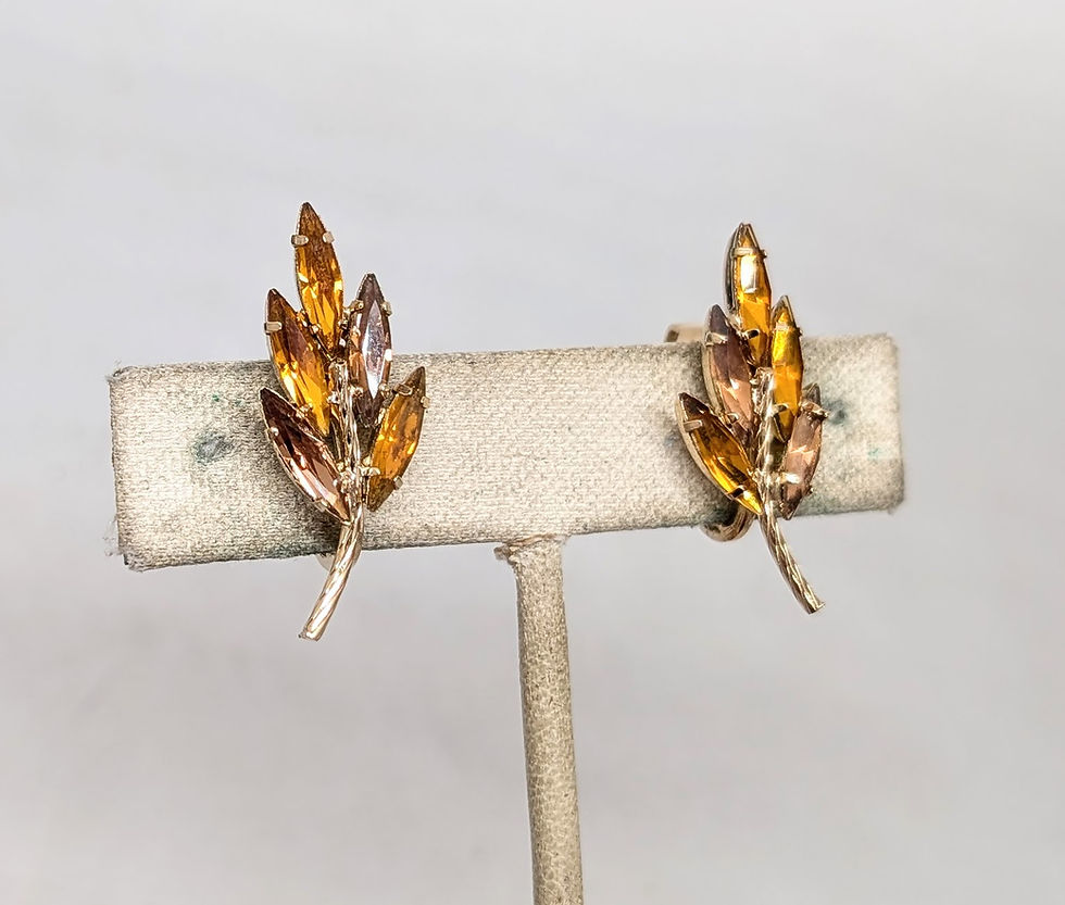 Thumbnail: Vintage 1960s Signed Napier Faux-Topaz & Faux-Citrine Leaf Clip Earrings