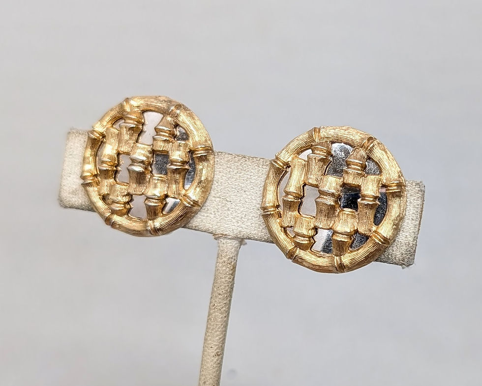 Thumbnail: Vintage 1970s Signed Napier Round Goldtone & Rhodium Plate Bambo Clip Earrings