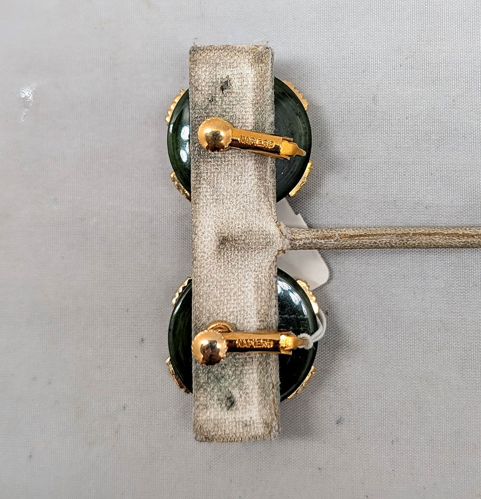Thumbnail: Vintage Signed Napier Round Domed Green X Clip Earrings, 1974