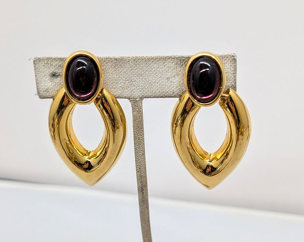 Thumbnail: Vintage 1988 Signed Napier Goldtone Cabochon Faux-Amethyst Drop Clip Earrings