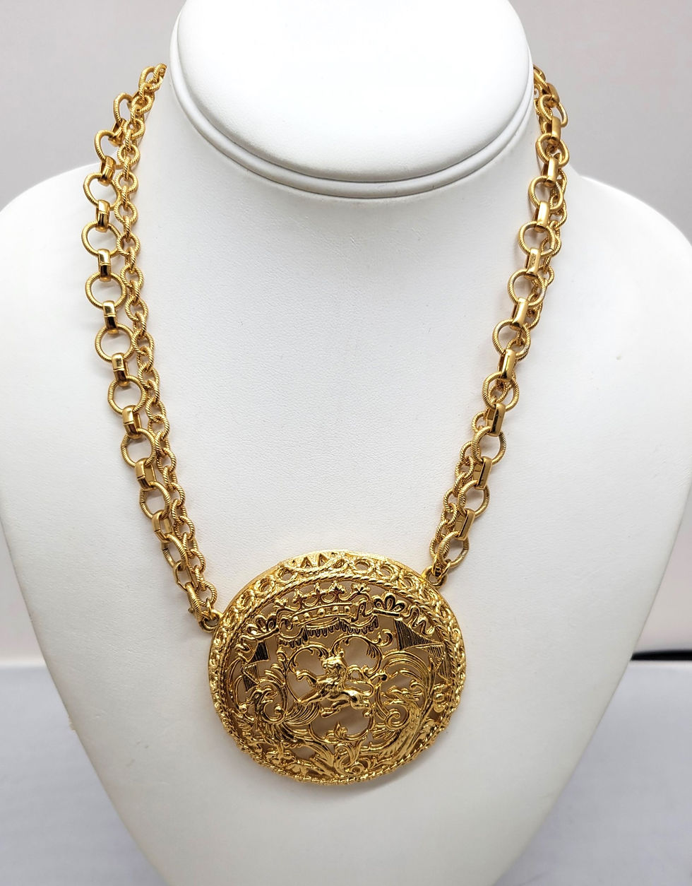 Thumbnail: Vintage Signed Napier Goldtone Coat of Arms Pendant Necklace, 1971 Ad Piece