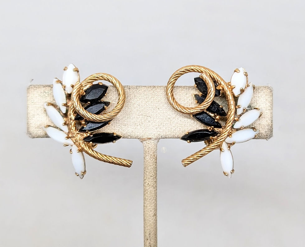 Thumbnail: Vintage Signed Napier Faux-Onyx & White Marquise Rhinestone Clip Earrings