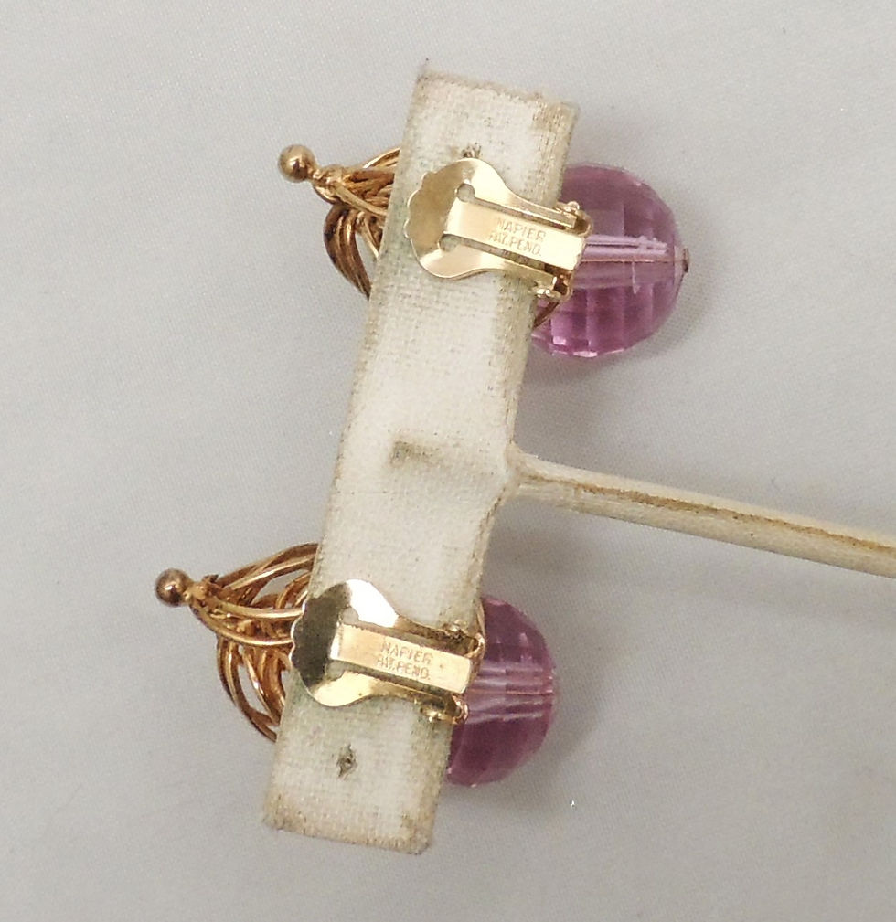 Thumbnail: Vintage 1950s Signed Napier Goldtone Faceted Faux-Amethyst Clip Earrings