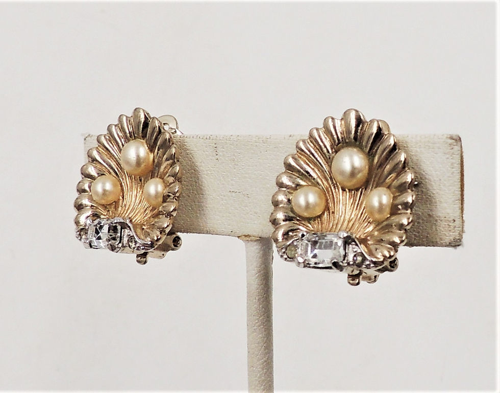 Thumbnail: Vintage 1950s Jomaz Goldtone Faux-Pearl & Clear Rhinestone Shell Clip Earrings