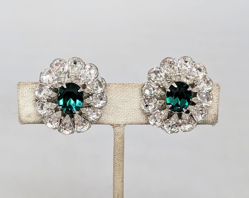 Thumbnail: Vintage 1960s Signed Vendome Faux-Emerald & Clear Rhinestone Clip Earrings