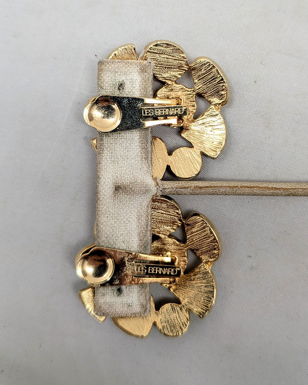 Thumbnail: Vintage 1980s Signed Les Bernard Rhinestone Cabochon Clip Earrings