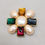 Thumbnail: Vintage 1980s Signed Monet Goldtone Faux-Pearl & Jewel Tone Cabochon Brooch