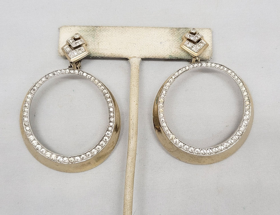 Thumbnail: Vintage Signed Jomaz Goldtone & Clear Rhinestone Hoop Clip Earrings