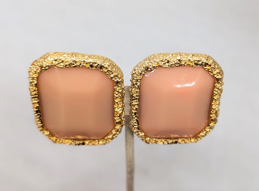 Thumbnail: Vintage 1980s Signed Les Bernard Rectangular Faux-Chalcedony Clip Earrings