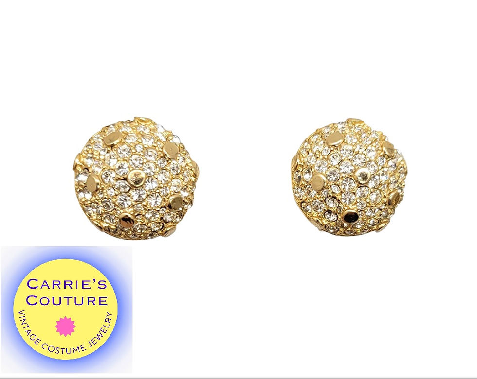 Vintage Signed Hattie Carnegie Round Domed Pavé Clear Rhinestone Clip Earrings