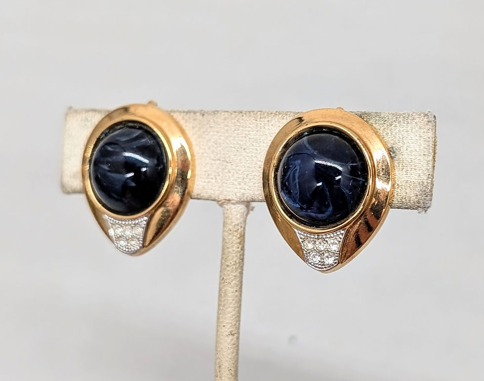 Thumbnail: Vintage Signed Lanvin Faux-Flawed Sapphire & Pavé Clear Rhinestone Clip Earrings