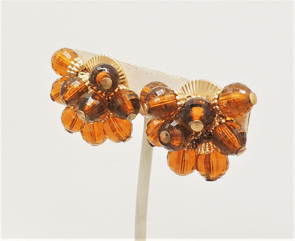 Thumbnail: Vintage 1960s Signed Napier Goldtone Faceted Faux-Topaz Beaded Clip Earrings