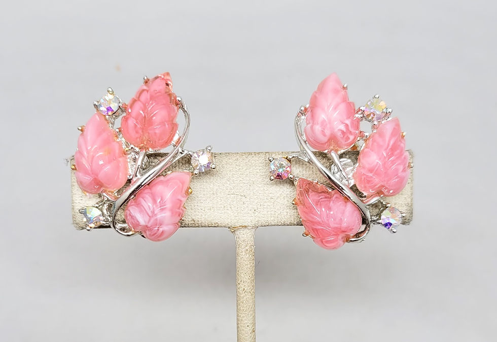 Thumbnail: Vintage Rhodium Plated Pink Tutti Frutti Leaf With Aurora Borealis Clip Earrings
