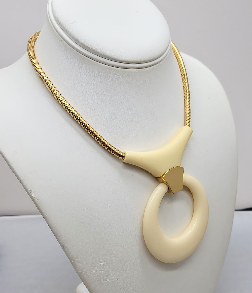 Thumbnail: Vintage 1970s Signed Trifari Goldtone Ivory Resin Pendant Collar Necklace