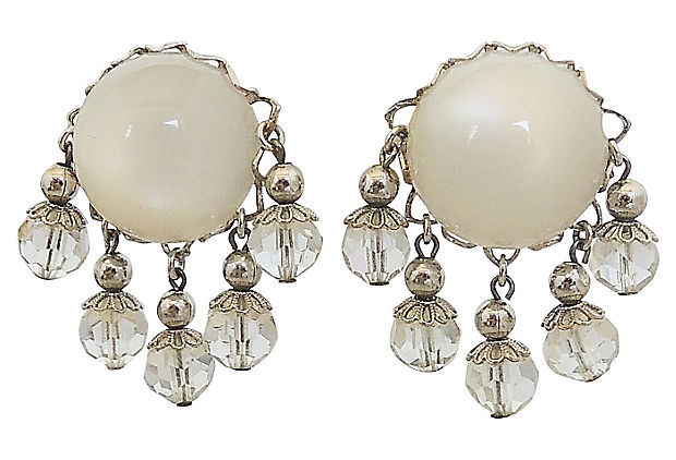 Thumbnail: Vintage 1950s Signed Napier Faux-Moonstone Rhinestone Clip Earrings