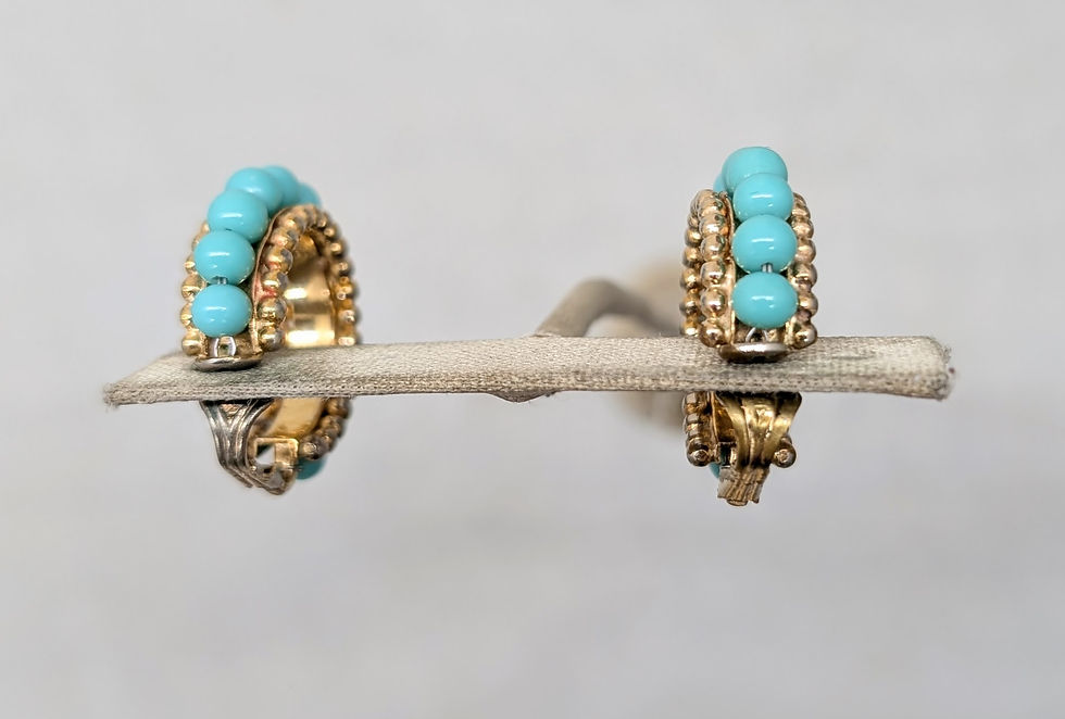 Thumbnail: Vintage 1950s Signed Napier Goldtone Faux-Turquoise Hoop Clip Earrings
