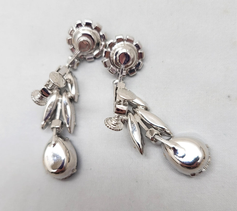 Thumbnail: Vintage Signed Napier Rhodium Plated Faux-Sapphire Rhinestone Drop Clip Earrings