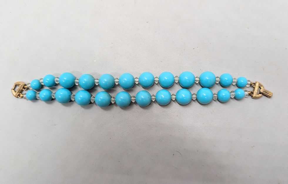 Thumbnail: Vintage 1960s Signed Crown Trifari 2-Strand Faux-Turquoise Beaded Bracelet
