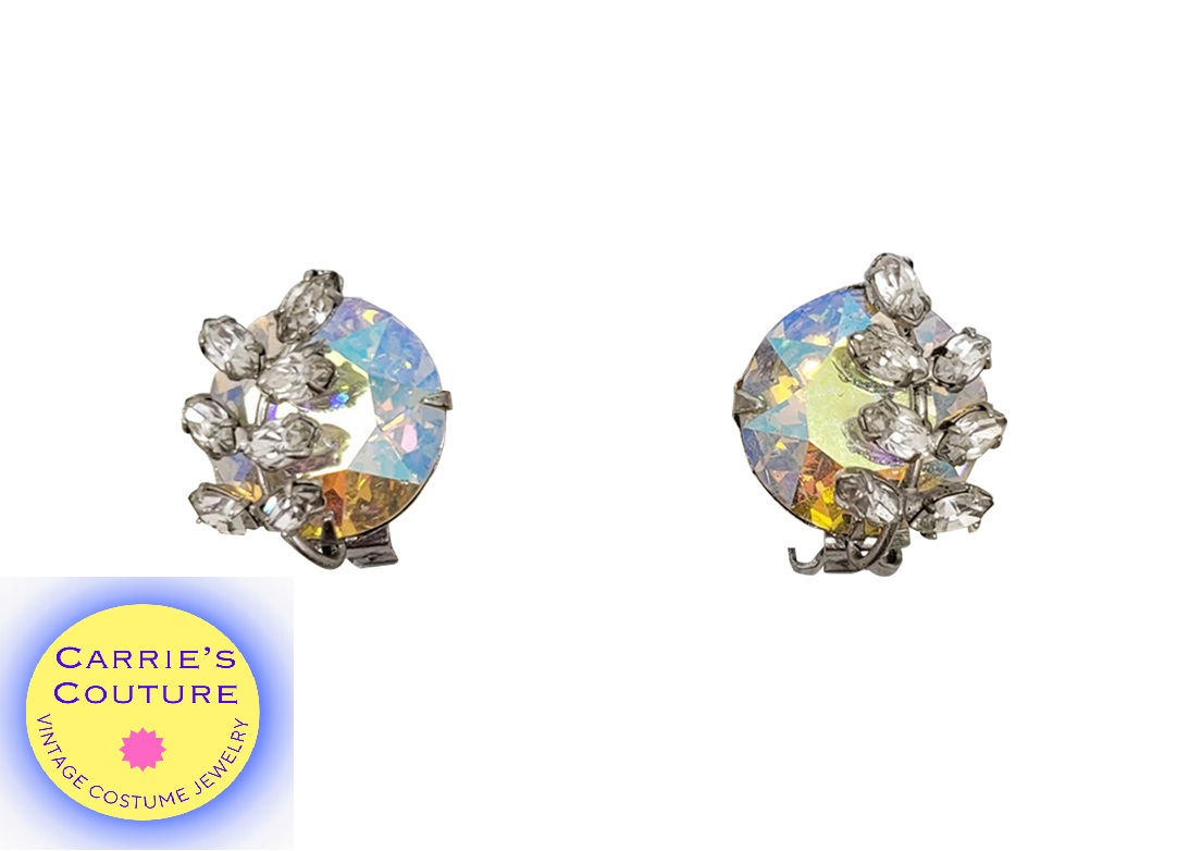 Vintage Signed Hattie Carnegie Aurora Borealis Rhinestone Clip Earrings