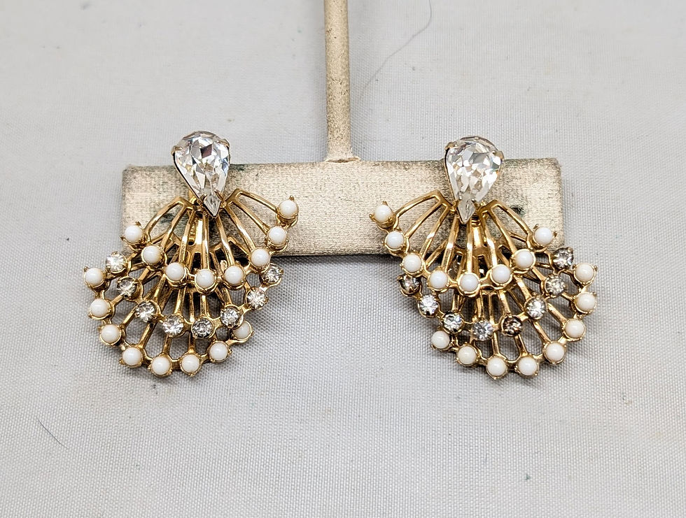 Thumbnail: Vintage Signed Hattie Carnegie White Cabochon & Clear Rhinestone Clip Earrings