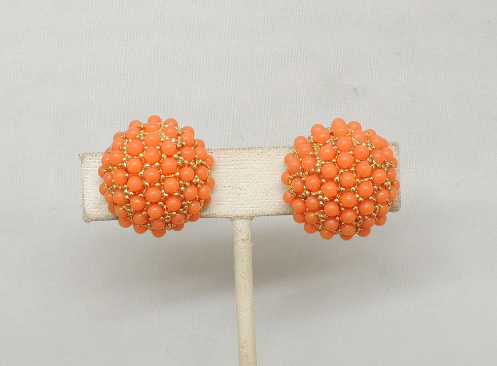 Thumbnail: Vintage 1960s Signed Hobe Round Goldtone Faux-Coral Cabochon Clip Earrings