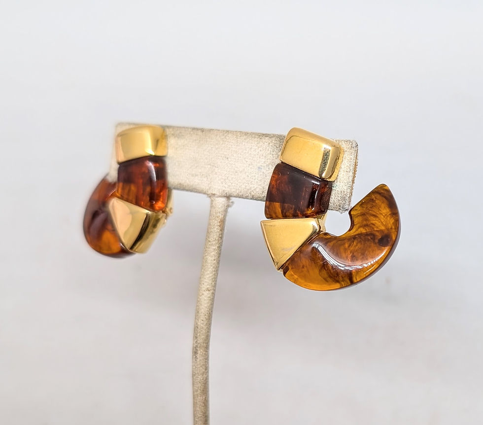 Thumbnail: Vintage 1984 Signed Napier Goldtone Faux-Tortoise Clip Earrings
