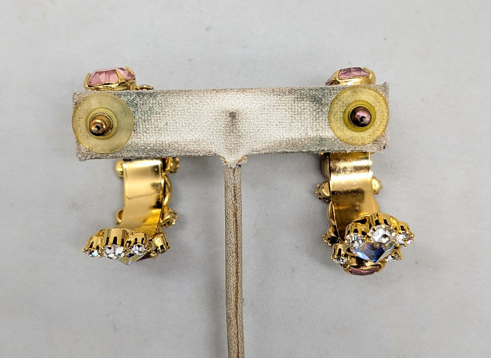 Thumbnail: Vintage Signed Marie Ferra Pink Rhinestone Aurora Borealis Hoop Pierced Earrings