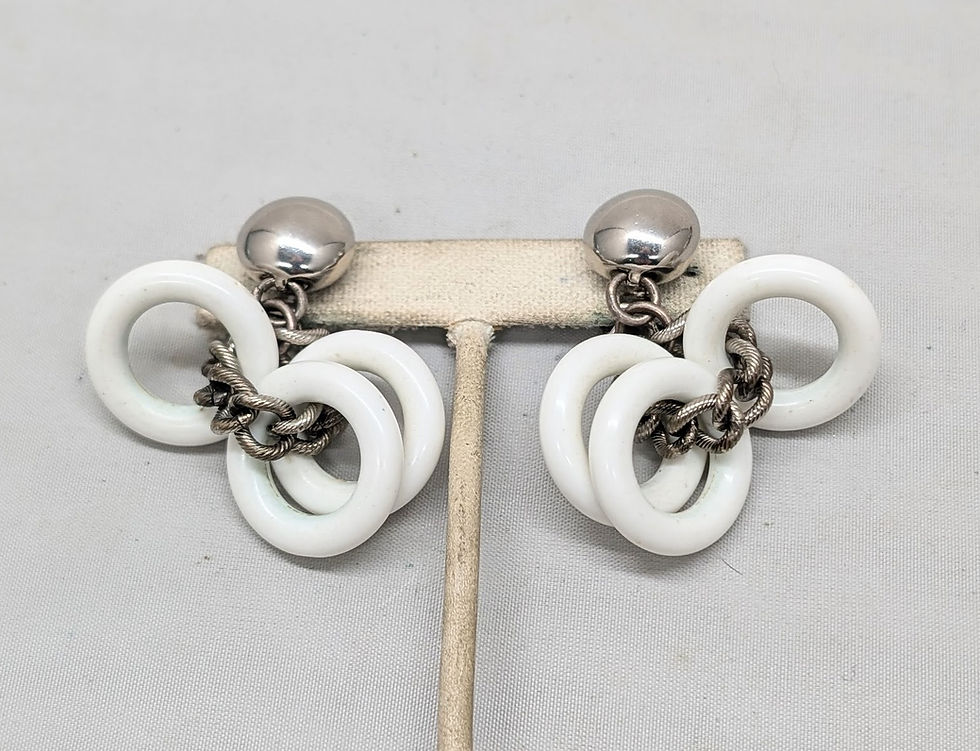 Thumbnail: Vintage 1950s Signed Napier Silvertone White Resin Hoop Drops Clip Earrings