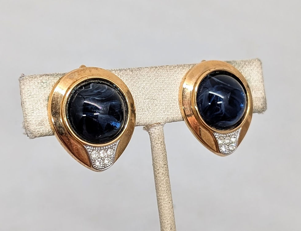 Thumbnail: Vintage Signed Lanvin Faux-Flawed Sapphire & Pavé Clear Rhinestone Clip Earrings