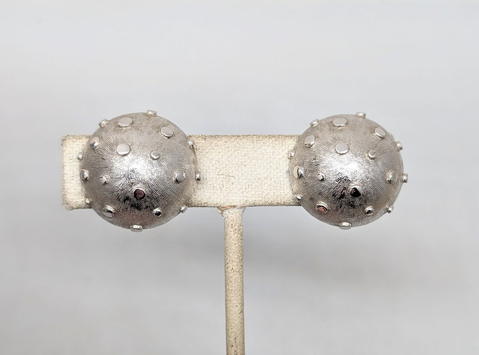 Thumbnail: Vintage Signed Crown Trifari Rhodium Plated Round Domed Studded Clip Earrings