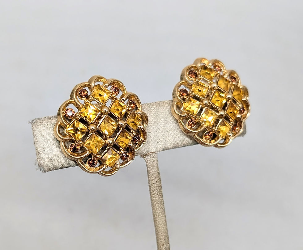 Thumbnail: Vintage 1960s Signed Crown Trifari Faux-Citrine & Topaz Clip Earrings