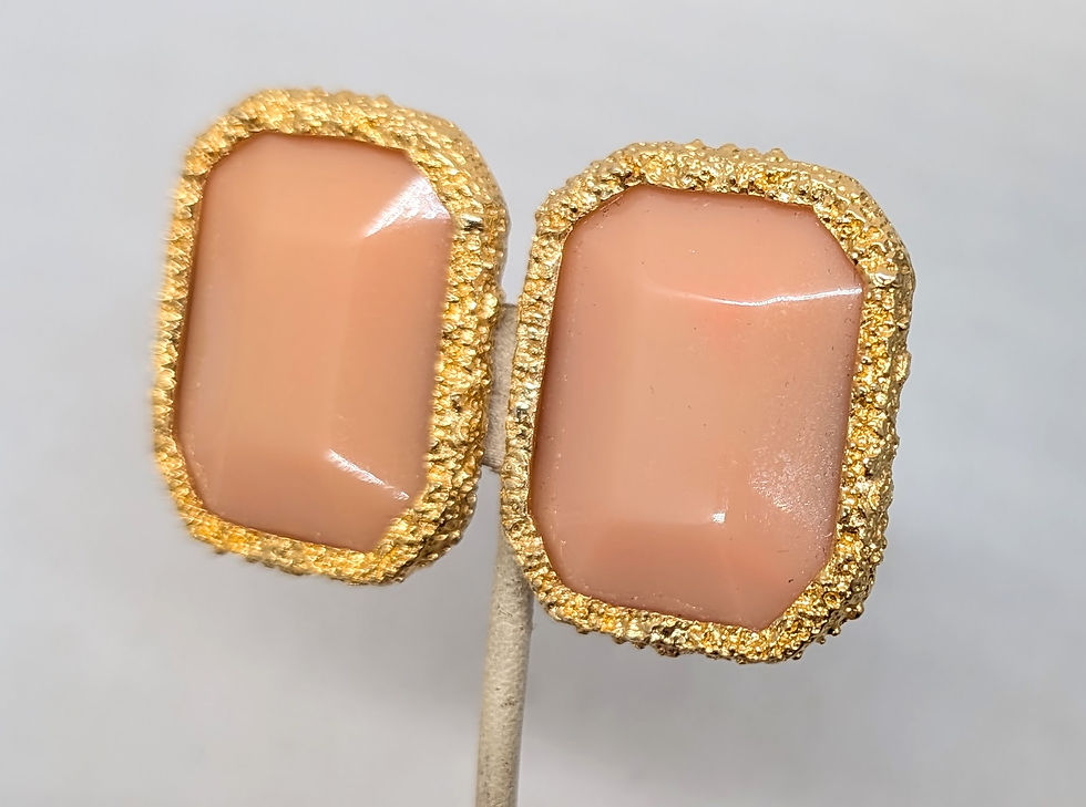 Thumbnail: Vintage 1980s Signed Les Bernard Rectangular Faux-Chalcedony Clip Earrings