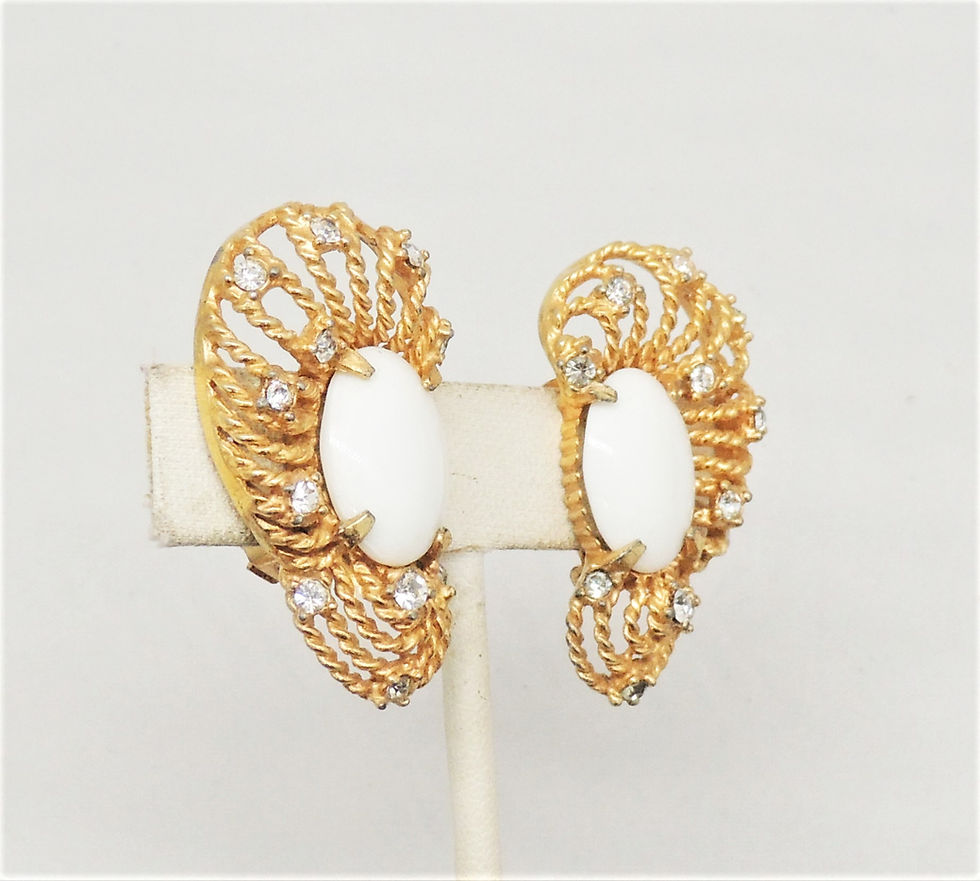 Thumbnail: Vintage 1960s Signed Hattie Carnegie White Cabochon Clip Earrings