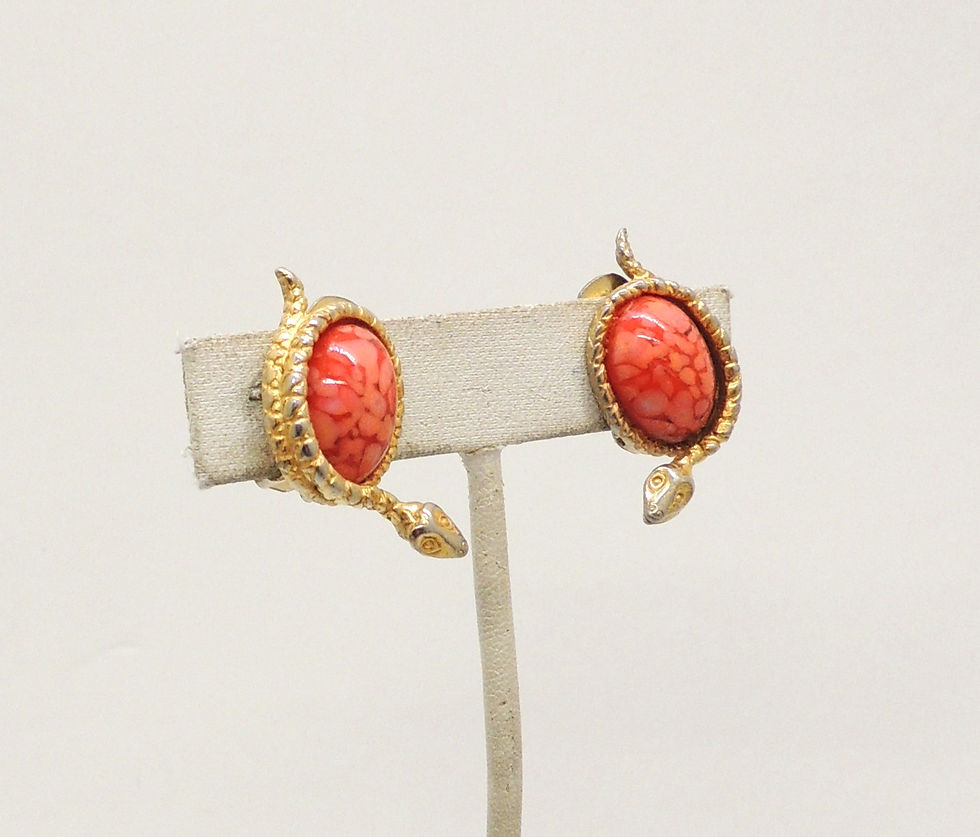 Thumbnail: Vintage 1960s Signed DeNicola Snake Cabochon Clip Earrings