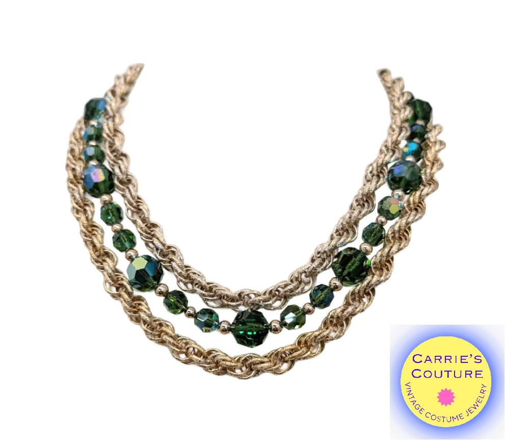 Vintage 1960s Signed Napier 3-Strand Green Aurora Borealis Beaded Necklace