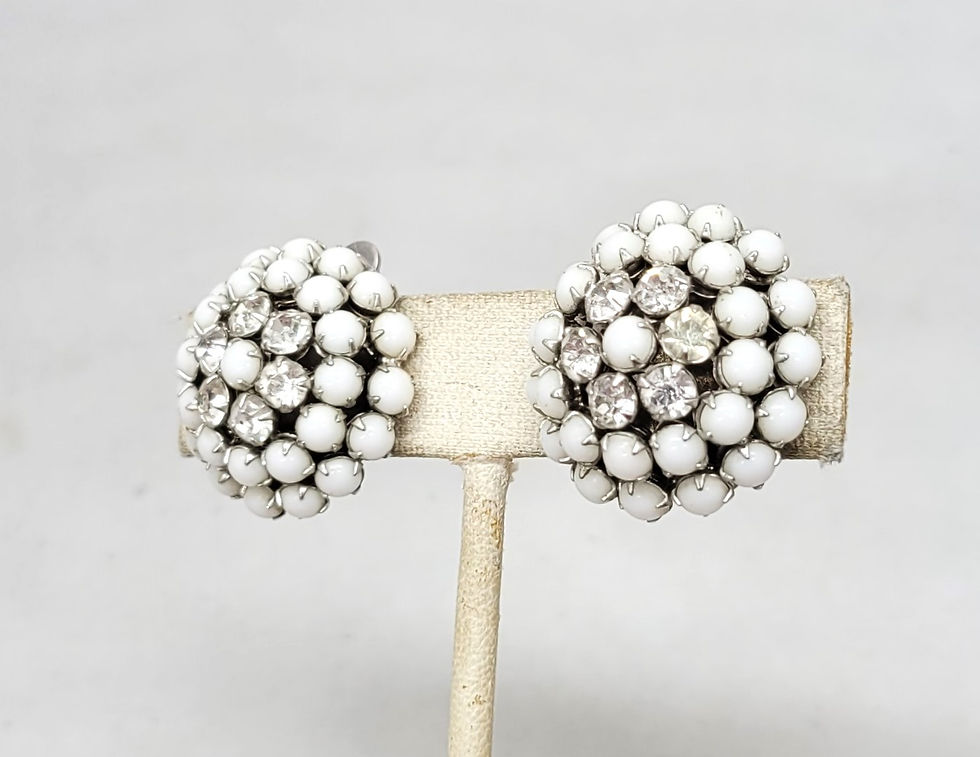 Thumbnail: Vintage Signed Kramer Rhodium Plated Round Domed White Cabochon Clip Earrings