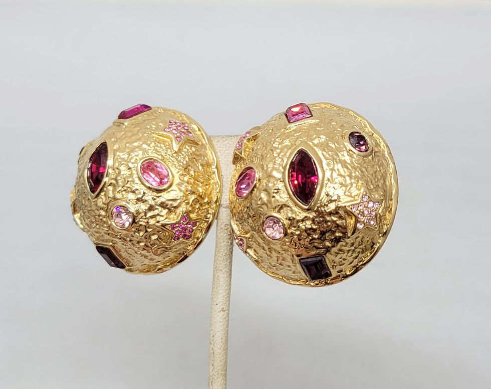 Thumbnail: Vintage 1980s Signed Guy Laroche Paris Goldtone Round Rhinestone Clip Earrings