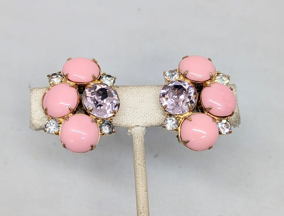 Thumbnail: Vintage Signed Hobe Pink Cabochon & Faux-Amethyst Clip Earrings