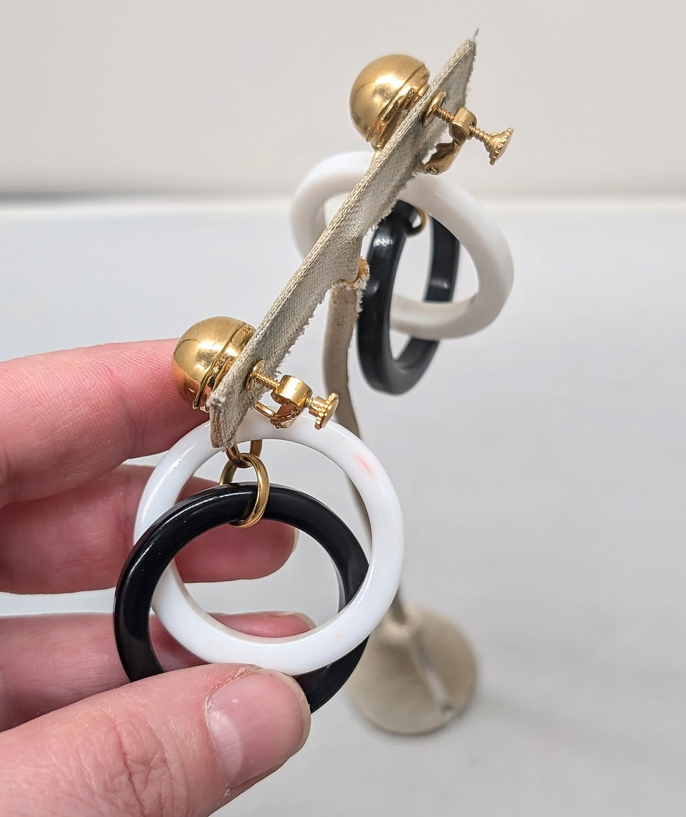 Thumbnail: Vintage 1960s Signed Napier Black & White Hoop Clip Earrings