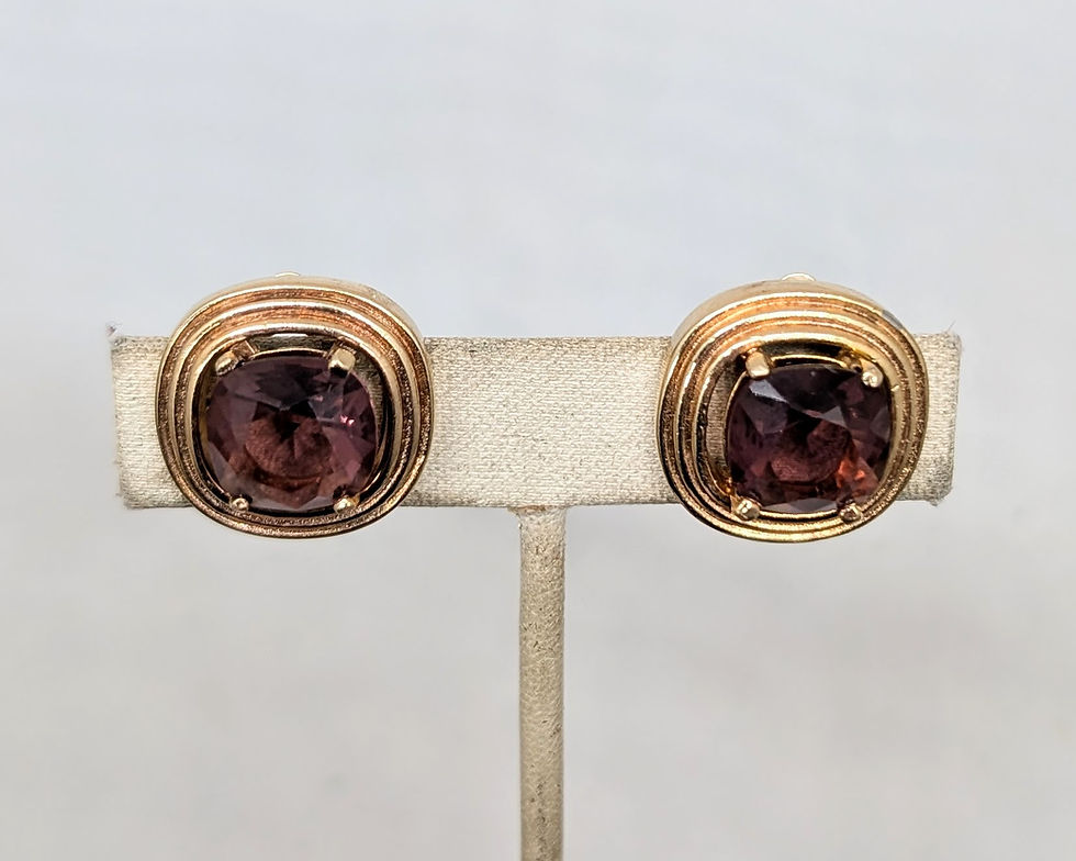 Thumbnail: Vintage 1980s Signed Henkel & Grosse Goldtone Faux-Amethyst Clip Earrings