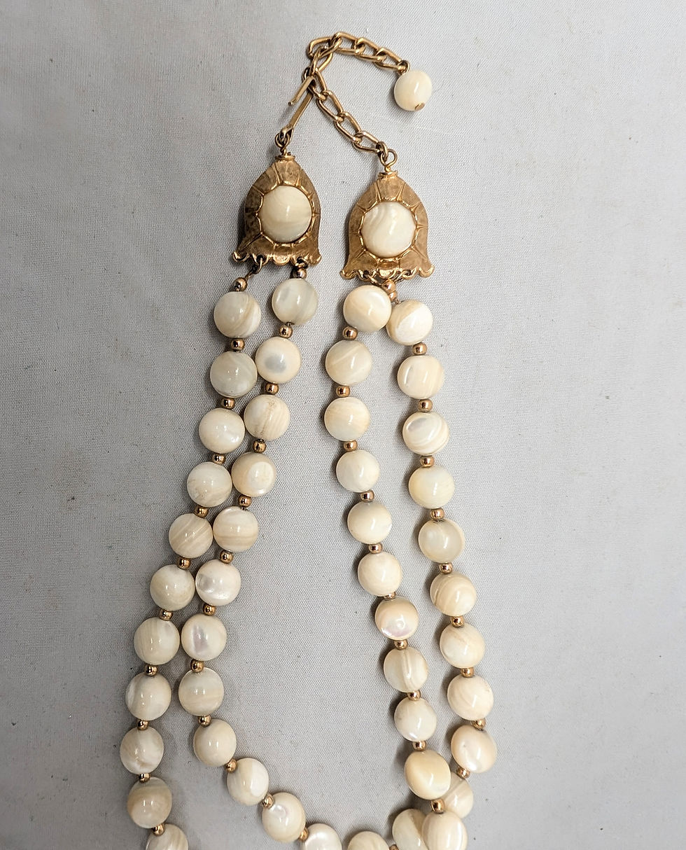 Thumbnail: Vintage 1960s Signed Napier Goldtone 2-Strand Mother-of-Pearl Beaded Necklace