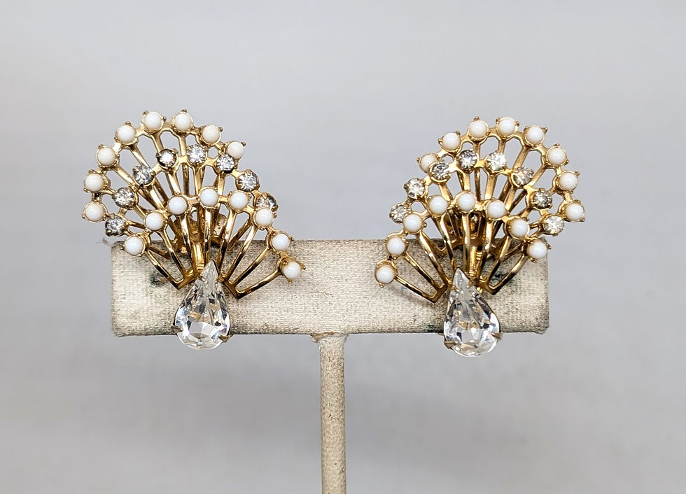 Thumbnail: Vintage Signed Hattie Carnegie White Cabochon & Clear Rhinestone Clip Earrings
