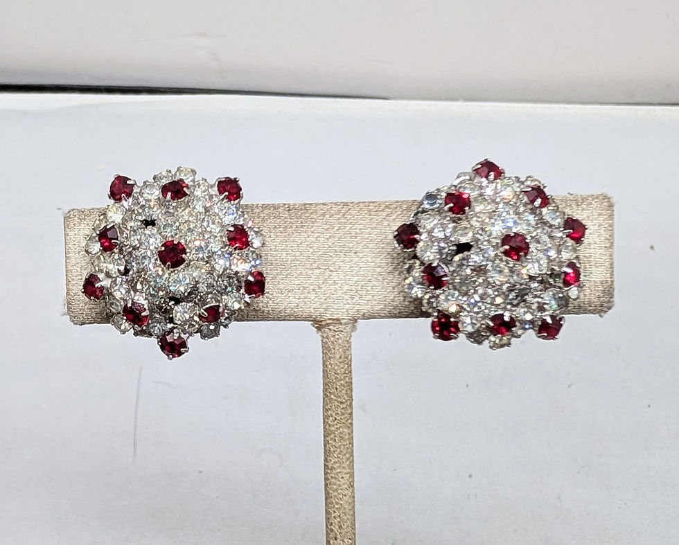 Thumbnail: Vintage 1960s Signed Vendome Rhodium Plated Clear & Faux-Garnet Clip Earrings