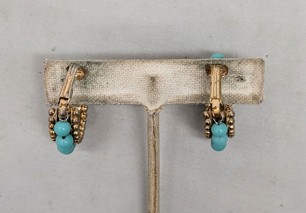 Thumbnail: Vintage 1950s Signed Napier Goldtone Faux-Turquoise Hoop Clip Earrings
