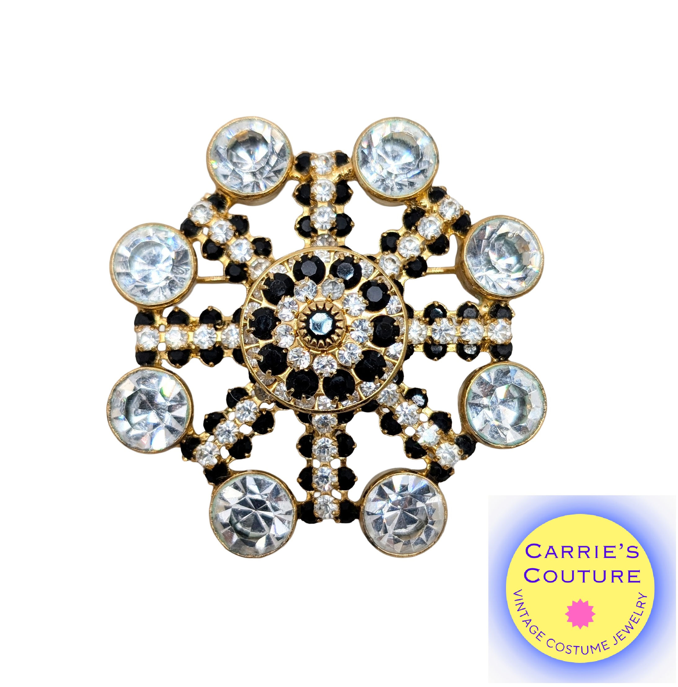 Vintage 1960s Signed Hobe Goldtone Faux-Onyx & Clear Rhinestone Brooch