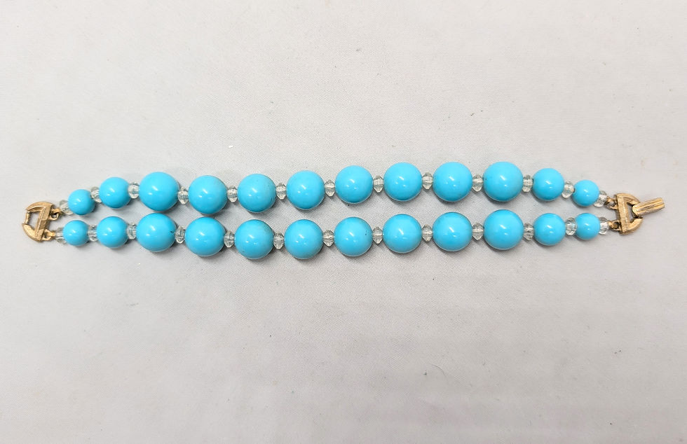 Thumbnail: Vintage 1960s Signed Crown Trifari 2-Strand Faux-Turquoise Beaded Bracelet