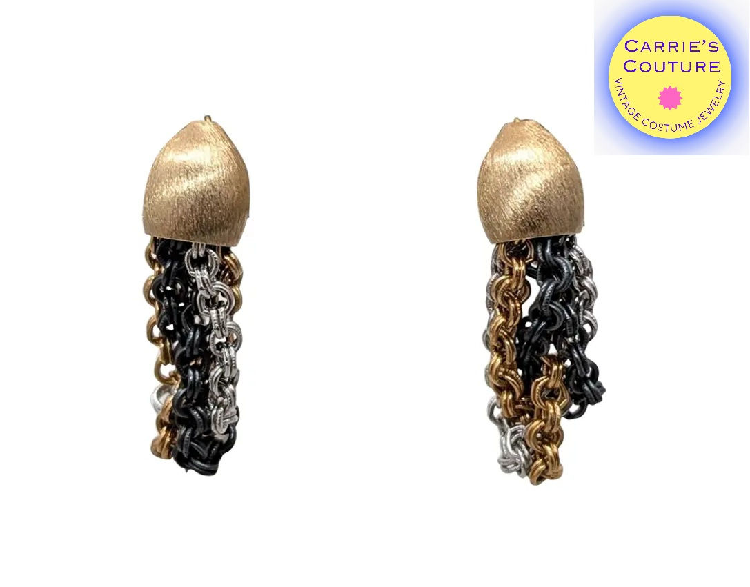 Vintage Signed Napier Tri-Tone Dangle Clip Earrings