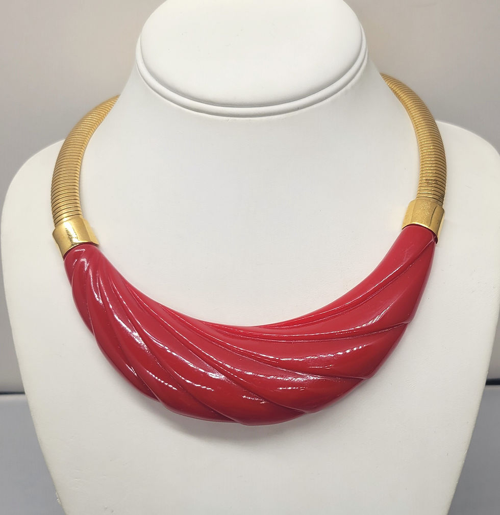 Thumbnail: Vintage 1980s Signed Monet Goldtone Molded Red Resin Collar Necklace